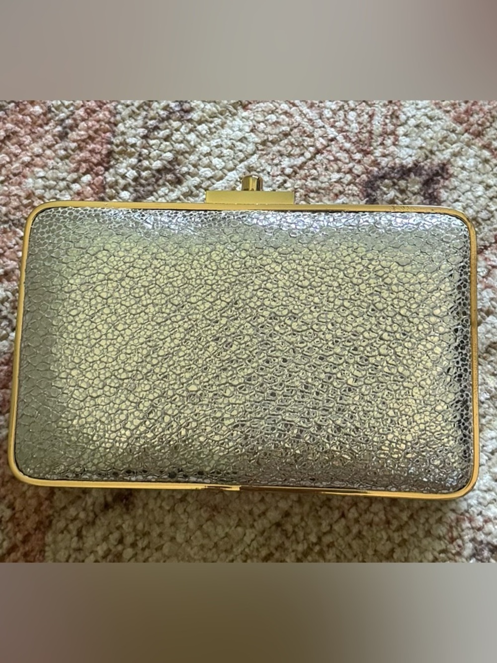 J. McLaughlin Silver Metallic Textured Box Clutch with Gold Trim